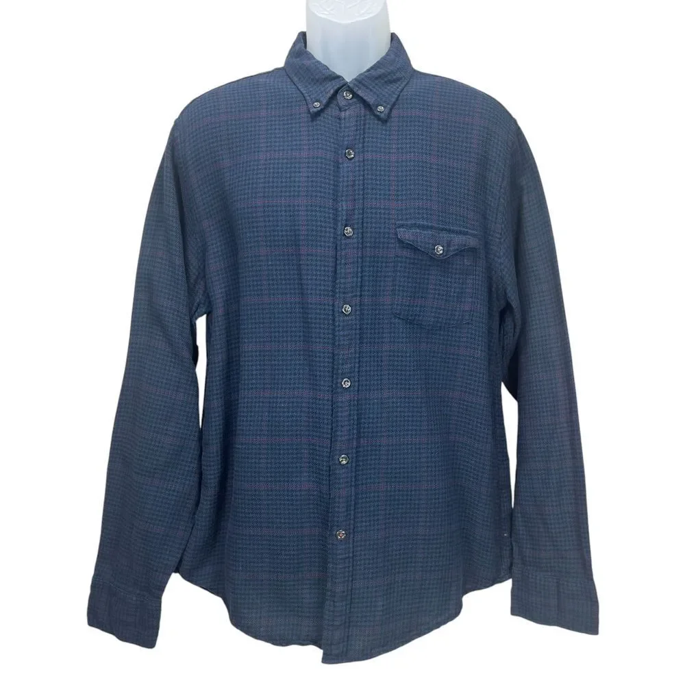 J.Crew Men's XL Slim Blue Houndstooth Check Flannel‎ L/S Shirt w/ Elbow Patch